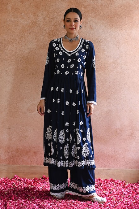 House of Chikankari Blue Cotton Hand Embroidered Chikankari Rabt Anarkali And Pant Set 