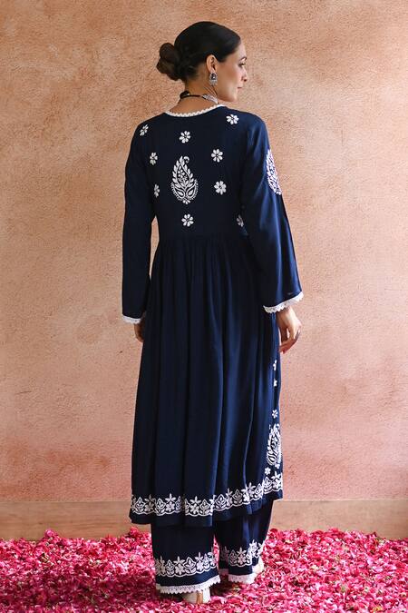 Shop House Of Chikankari Blue Cotton Hand Embroidered Chikankari Rabt Anarkali And Pant Set at Aza Fashions Shop_House Of Chikankari_Blue Cotton Hand Embroidered Chikankari Rabt Anarkali And Pant Set _at_Aza_Fashions