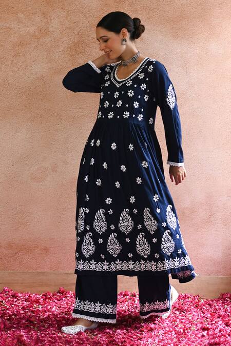 House Of Chikankari Blue Cotton Hand Embroidered Chikankari Rabt Anarkali And Pant Set Online at Aza Fashions House Of Chikankari_Blue Cotton Hand Embroidered Chikankari Rabt Anarkali And Pant Set _Online_at_Aza_Fashions