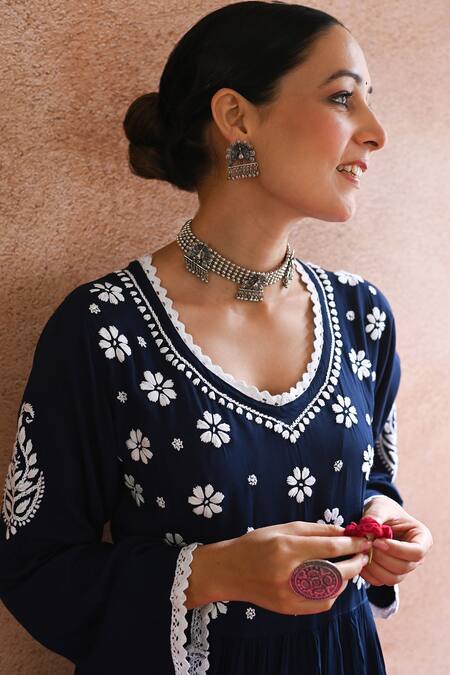 Buy House Of Chikankari Blue Cotton Hand Embroidered Chikankari Rabt Anarkali And Pant Set Online at Aza Fashions Buy_House Of Chikankari_Blue Cotton Hand Embroidered Chikankari Rabt Anarkali And Pant Set _Online_at_Aza_Fashions