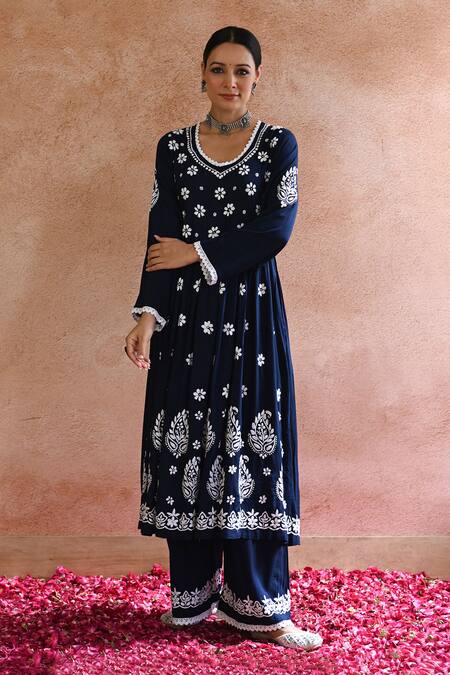 Shop House Of Chikankari Blue Cotton Hand Embroidered Chikankari Rabt Anarkali And Pant Set Online at Aza Fashions Shop_House Of Chikankari_Blue Cotton Hand Embroidered Chikankari Rabt Anarkali And Pant Set _Online_at_Aza_Fashions