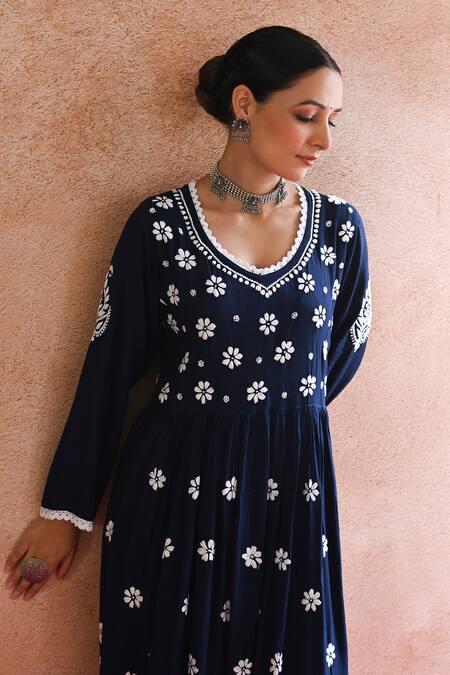 House Of Chikankari Blue Cotton Hand Embroidered Chikankari Rabt Anarkali And Pant Set at Aza Fashions House Of Chikankari_Blue Cotton Hand Embroidered Chikankari Rabt Anarkali And Pant Set _at_Aza_Fashions