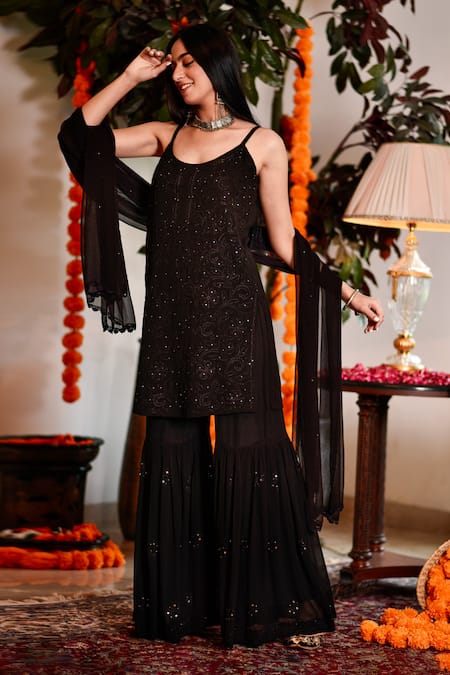 House of Chikankari Black Georgette Hand Embroidered Chikankari Dia Kurta Gharara Set  