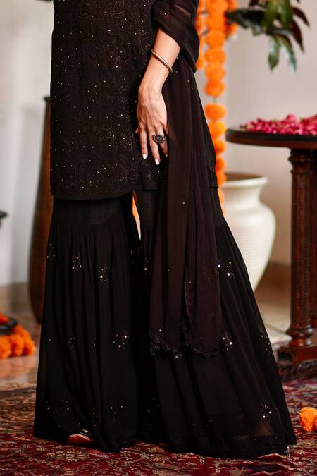 House Of Chikankari_Black Georgette Hand Embroidered Chikankari Thread And Mukaish Kurta Gharara Set_at_Aza_Fashions