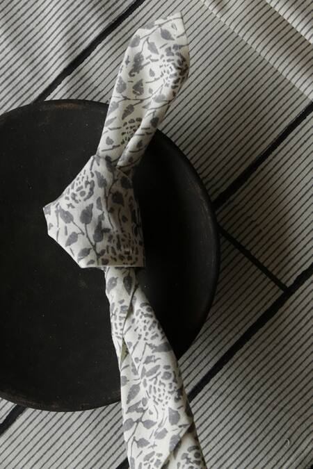 Krishna Mehta White Cotton Block Print Lenomia Table Runner 