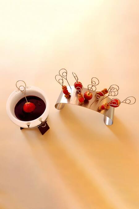 Buy_Tessera_Silver Stainless Steel Stand With Skewers Set Of 13_Online_at_Aza_Fashions