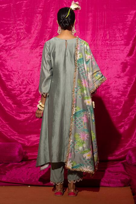 Shop Chrkha Grey Chanderi Silk, Cotton Tassels, Fringe, Botanical Print A-line Kurta Set at Aza Fashions Shop_Chrkha_Grey Chanderi Silk, Cotton Tassels, Fringe, Botanical Print A-line Kurta Set _at_Aza_Fashions
