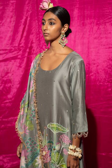 Buy Chrkha Grey Chanderi Silk, Cotton Tassels, Fringe, Botanical Print A-line Kurta Set Online at Aza Fashions Buy_Chrkha_Grey Chanderi Silk, Cotton Tassels, Fringe, Botanical Print A-line Kurta Set _Online_at_Aza_Fashions