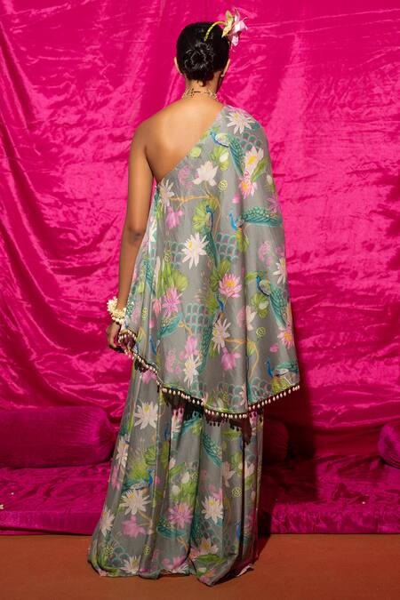 Chrkha Chanderi Silk Printed Kaftan & Flared Pant Set 