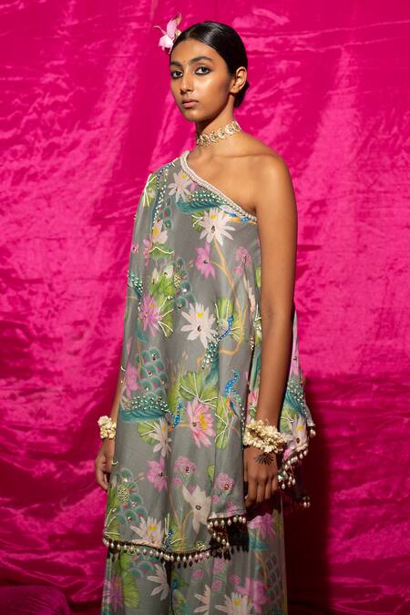 Buy_Chrkha_Grey Chanderi Silk, Linen Pearls, Sequins Printed Kaftan And Flared Pant Set _Online_at_Aza_Fashions