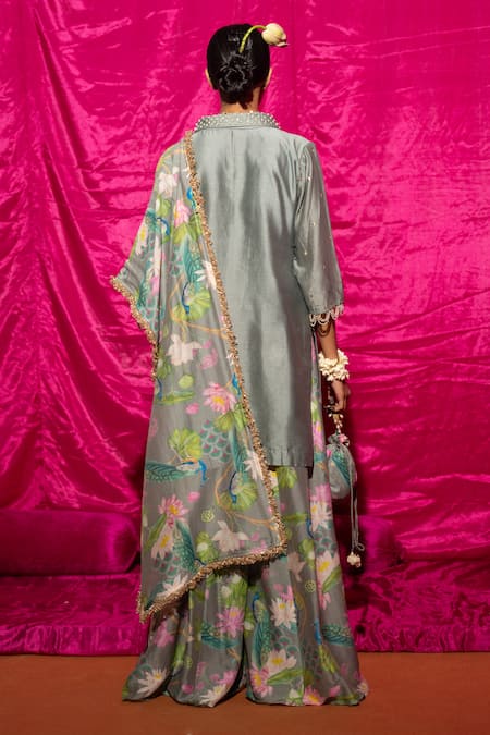 Shop Chrkha Grey Silk, Linen, Pearls, Embroidered Kurta Sharara Set at Aza Fashions Shop_Chrkha_Grey Silk, Linen, Pearls, Embroidered Kurta Sharara Set _at_Aza_Fashions