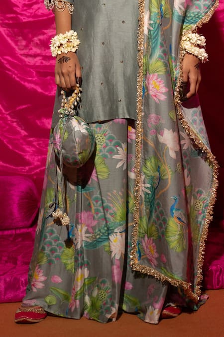 Chrkha Grey Silk, Linen, Pearls, Embroidered Kurta Sharara Set Online at Aza Fashions Chrkha_Grey Silk, Linen, Pearls, Embroidered Kurta Sharara Set _Online_at_Aza_Fashions