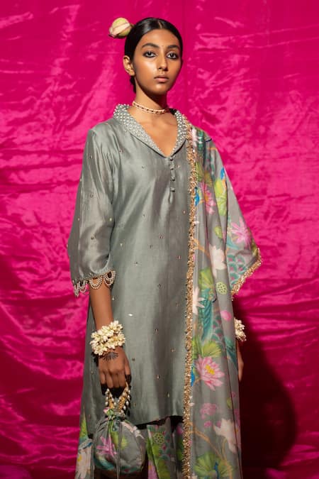 Shop Chrkha Grey Silk, Linen, Pearls, Embroidered Kurta Sharara Set Online at Aza Fashions Shop_Chrkha_Grey Silk, Linen, Pearls, Embroidered Kurta Sharara Set _Online_at_Aza_Fashions
