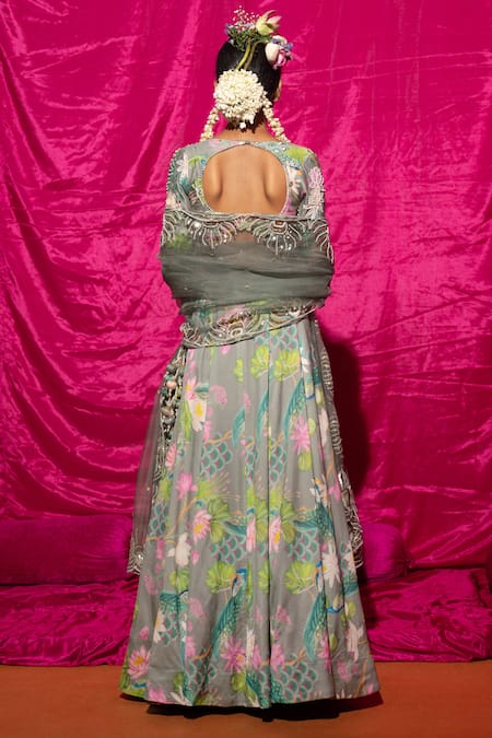 Shop Chrkha Grey Chanderi Silk, Organza Pearls, Sequins Plunge Neck Floral Print Lehenga Set at Aza Fashions Shop_Chrkha_Grey Chanderi Silk, Organza Pearls, Sequins Plunge Neck Floral Print Lehenga Set _at_Aza_Fashions