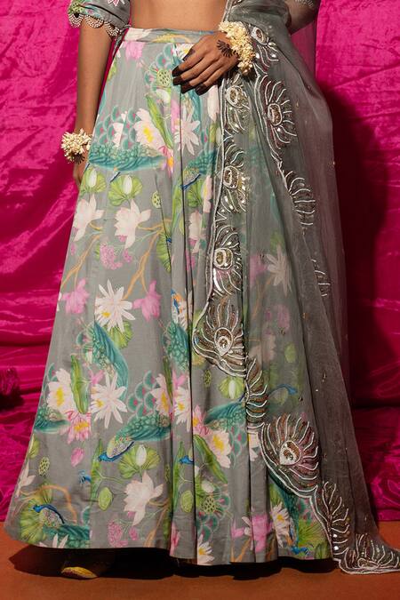 Chrkha Grey Chanderi Silk, Organza Pearls, Sequins Plunge Neck Floral Print Lehenga Set Online at Aza Fashions Chrkha_Grey Chanderi Silk, Organza Pearls, Sequins Plunge Neck Floral Print Lehenga Set _Online_at_Aza_Fashions
