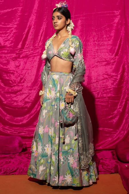 Buy Chrkha Grey Chanderi Silk, Organza Pearls, Sequins Plunge Neck Floral Print Lehenga Set Online at Aza Fashions Buy_Chrkha_Grey Chanderi Silk, Organza Pearls, Sequins Plunge Neck Floral Print Lehenga Set _Online_at_Aza_Fashions