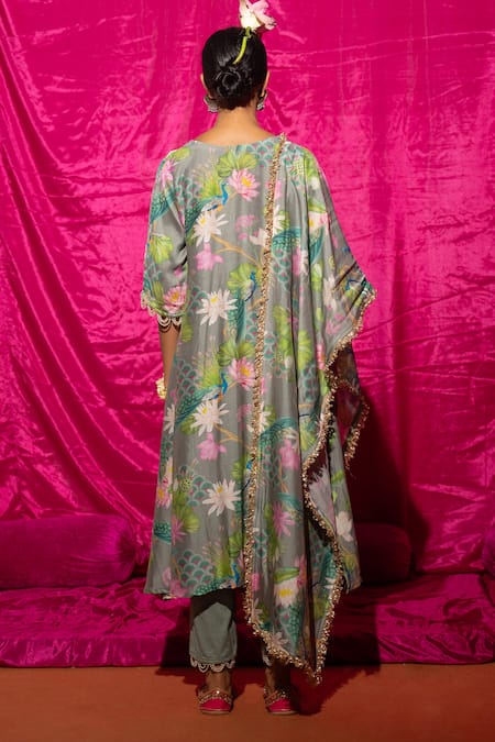 Shop Chrkha Grey Chanderi Silk, Cotton Embroidery, Pearls V-neck Floral Print Kurta Set at Aza Fashions Shop_Chrkha_Grey Chanderi Silk, Cotton Embroidery, Pearls V-neck Floral Print Kurta Set _at_Aza_Fashions