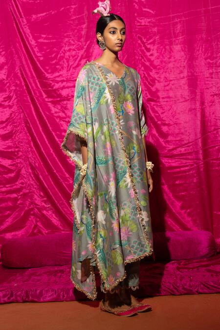Buy Chrkha Grey Chanderi Silk, Cotton Embroidery, Pearls V-neck Floral Print Kurta Set Online at Aza Fashions Buy_Chrkha_Grey Chanderi Silk, Cotton Embroidery, Pearls V-neck Floral Print Kurta Set _Online_at_Aza_Fashions
