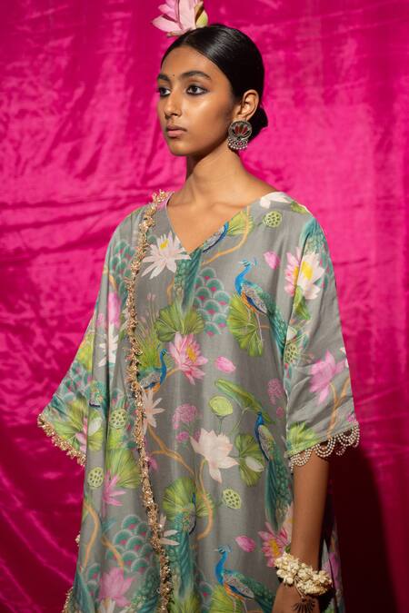 Shop Chrkha Grey Chanderi Silk, Cotton Embroidery, Pearls V-neck Floral Print Kurta Set Online at Aza Fashions Shop_Chrkha_Grey Chanderi Silk, Cotton Embroidery, Pearls V-neck Floral Print Kurta Set _Online_at_Aza_Fashions