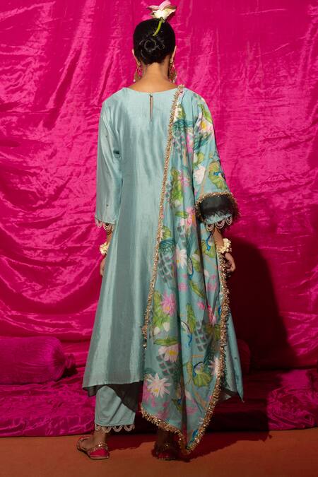 Shop_Chrkha_Green Chanderi Silk, Cotton, Linen Pearls, Lotus Placement Print Kurta Set _at_Aza_Fashions