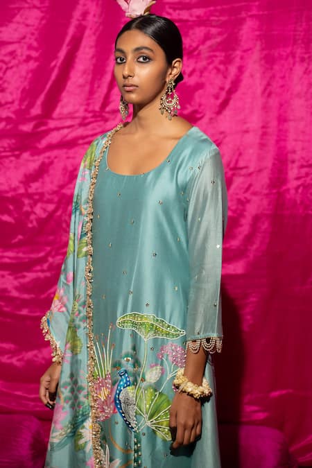 Shop_Chrkha_Green Chanderi Silk, Cotton, Linen Pearls, Lotus Placement Print Kurta Set _Online_at_Aza_Fashions