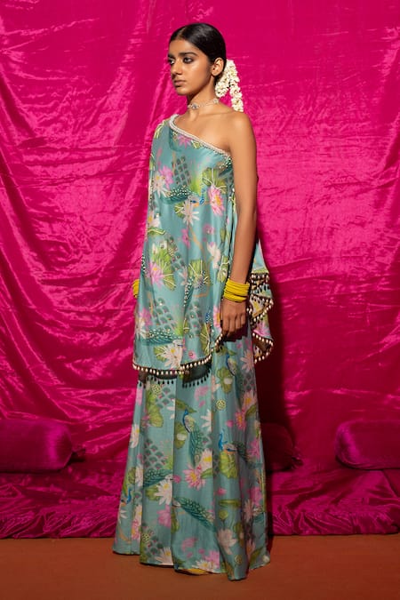 Chrkha_Green Chanderi Silk, Linen Pearls, Sequins, Embroidery Kaftan And Flared Pant Set _Online_at_Aza_Fashions