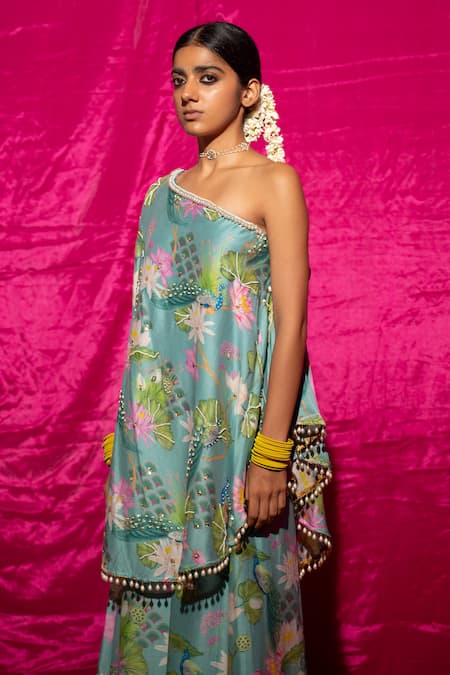 Buy_Chrkha_Green Chanderi Silk, Linen Pearls, Sequins, Embroidery Kaftan And Flared Pant Set _Online_at_Aza_Fashions