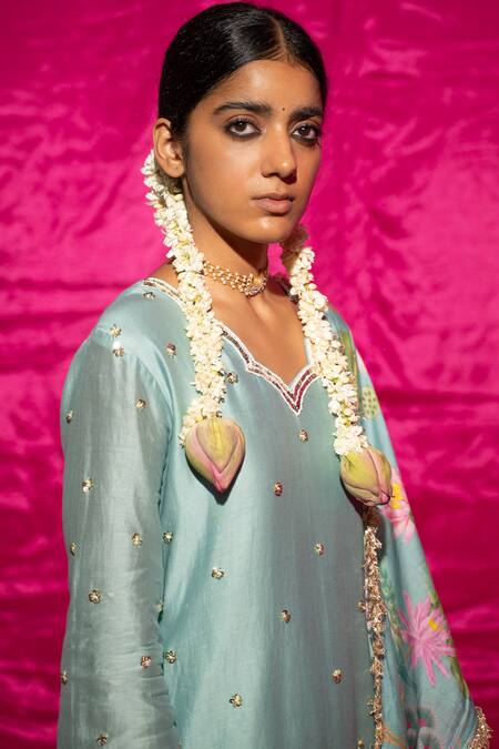 Chrkha_Green Chanderi Silk Embroidery, Sequins, Pearls Scoop Neck Kurta Set _at_Aza_Fashions