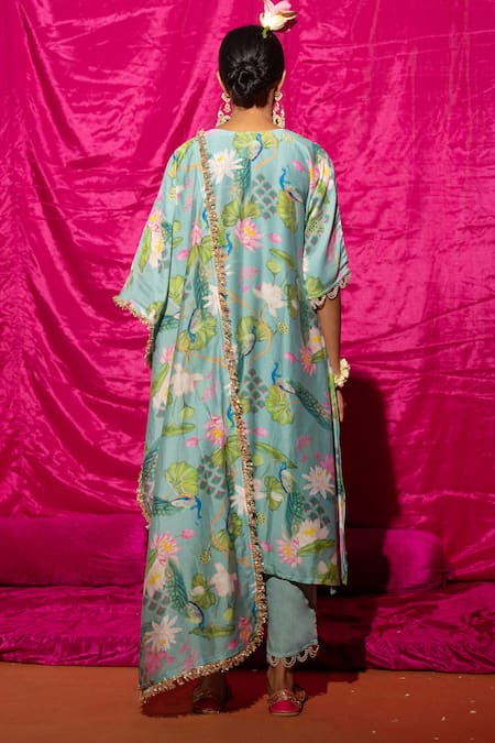 Shop Chrkha Green Chanderi Silk, Cotton Embroidery, Pearls V-neck Flower Print Kurta Set at Aza Fashions Shop_Chrkha_Green Chanderi Silk, Cotton Embroidery, Pearls V-neck Flower Print Kurta Set _at_Aza_Fashions