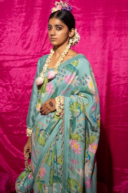 Buy_Chrkha_Green Chanderi Silk Printed Floral Saree For Kids_Online_at_Aza_Fashions