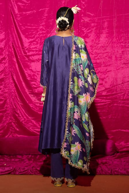 Shop_Chrkha_Purple Cotton, Chanderi Silk Pearls, Peacock Placement Print A-line Kurta Set _at_Aza_Fashions