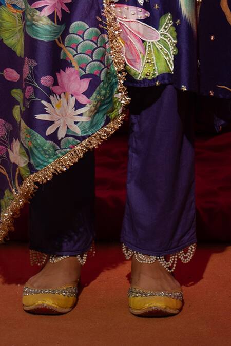 Chrkha_Purple Cotton, Chanderi Silk Pearls, Peacock Placement Print A-line Kurta Set _Online_at_Aza_Fashions