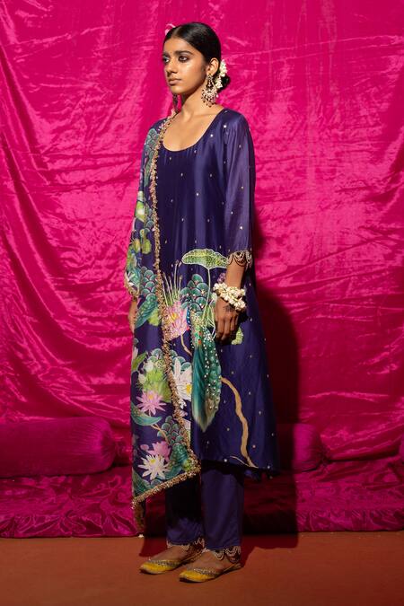 Buy_Chrkha_Purple Cotton, Chanderi Silk Pearls, Peacock Placement Print A-line Kurta Set _Online_at_Aza_Fashions