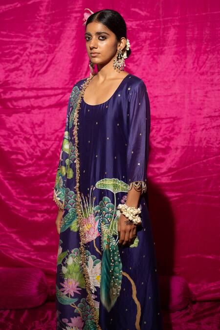 Shop_Chrkha_Purple Cotton, Chanderi Silk Pearls, Peacock Placement Print A-line Kurta Set _Online_at_Aza_Fashions