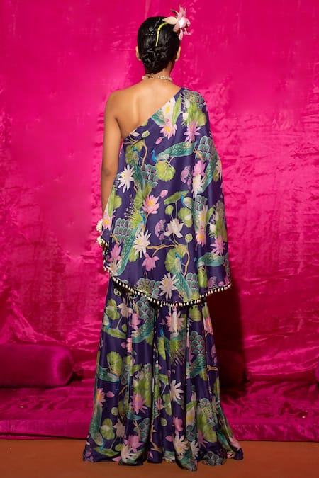 Chrkha Chanderi Silk One Shoulder Printed Kaftan & Flared Pant Set 