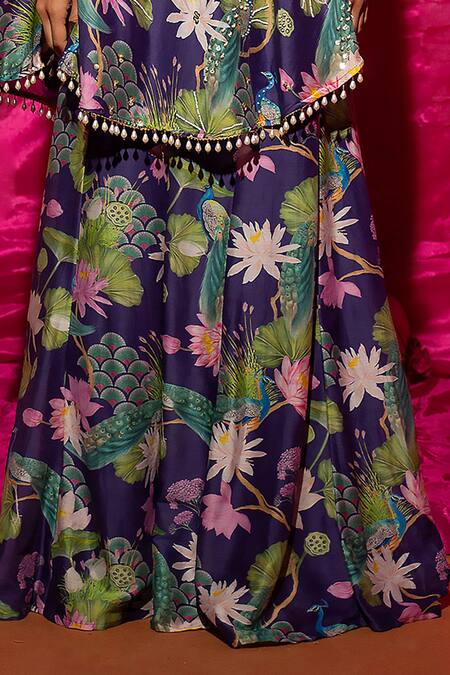 Chrkha_Purple Chanderi Silk Tassels One Shoulder Printed Kaftan And Flared Pant Set _Online_at_Aza_Fashions