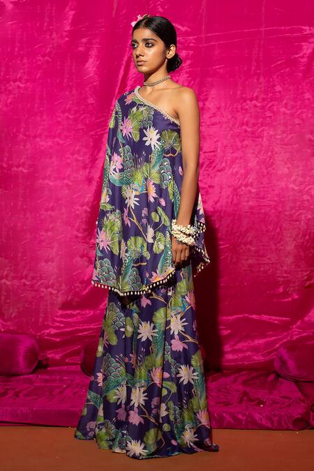 Buy_Chrkha_Purple Chanderi Silk Tassels One Shoulder Printed Kaftan And Flared Pant Set _Online_at_Aza_Fashions
