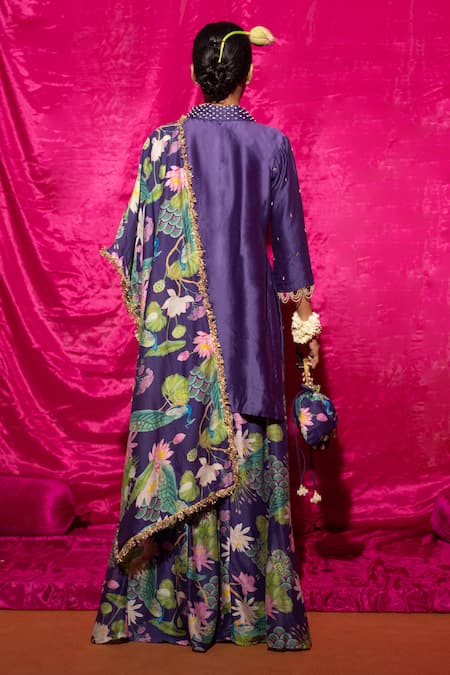 Shop Chrkha Purple Chanderi Silk Pearls, Sequins, Embroidery Shawl Neck Kurta Set at Aza Fashions Shop_Chrkha_Purple Chanderi Silk Pearls, Sequins, Embroidery Shawl Neck Kurta Set _at_Aza_Fashions