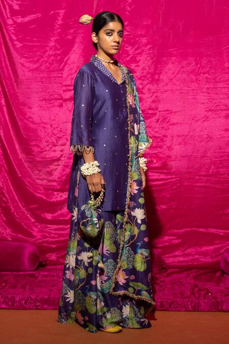 Buy Chrkha Purple Chanderi Silk Pearls, Sequins, Embroidery Shawl Neck Kurta Set Online at Aza Fashions Buy_Chrkha_Purple Chanderi Silk Pearls, Sequins, Embroidery Shawl Neck Kurta Set _Online_at_Aza_Fashions