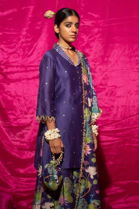 Shop Chrkha Purple Chanderi Silk Pearls, Sequins, Embroidery Shawl Neck Kurta Set Online at Aza Fashions Shop_Chrkha_Purple Chanderi Silk Pearls, Sequins, Embroidery Shawl Neck Kurta Set _Online_at_Aza_Fashions