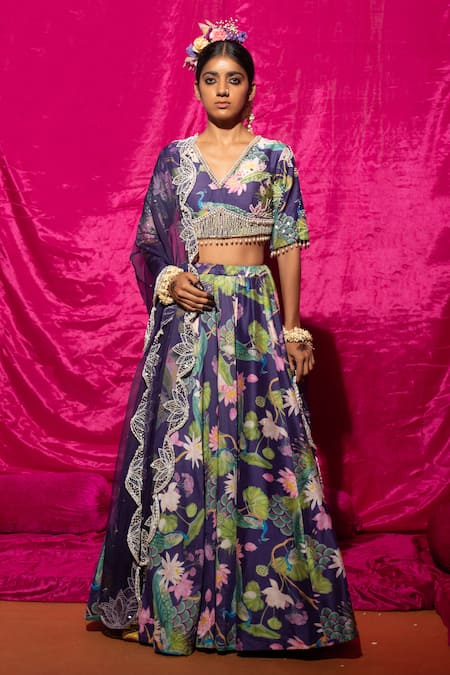 Chrkha Purple Chanderi Silk, Organza Pearls, Sequins Lotus And Peacock Print Lehenga Set 
