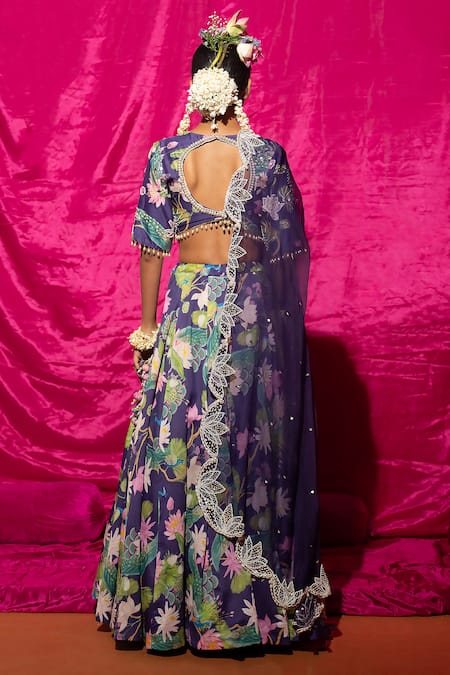 Shop Chrkha Purple Chanderi Silk, Organza Pearls, Sequins Lotus And Peacock Print Lehenga Set at Aza Fashions Shop_Chrkha_Purple Chanderi Silk, Organza Pearls, Sequins Lotus And Peacock Print Lehenga Set _at_Aza_Fashions