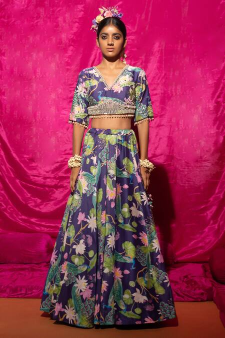 Chrkha Purple Chanderi Silk, Organza Pearls, Sequins Lotus And Peacock Print Lehenga Set Online at Aza Fashions Chrkha_Purple Chanderi Silk, Organza Pearls, Sequins Lotus And Peacock Print Lehenga Set _Online_at_Aza_Fashions