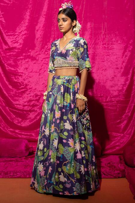 Buy Chrkha Purple Chanderi Silk, Organza Pearls, Sequins Lotus And Peacock Print Lehenga Set Online at Aza Fashions Buy_Chrkha_Purple Chanderi Silk, Organza Pearls, Sequins Lotus And Peacock Print Lehenga Set _Online_at_Aza_Fashions
