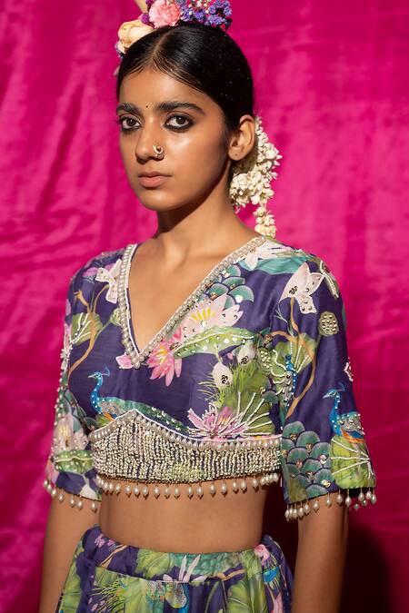 Shop Chrkha Purple Chanderi Silk, Organza Pearls, Sequins Lotus And Peacock Print Lehenga Set Online at Aza Fashions Shop_Chrkha_Purple Chanderi Silk, Organza Pearls, Sequins Lotus And Peacock Print Lehenga Set _Online_at_Aza_Fashions