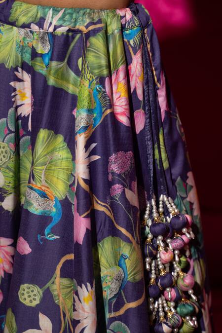 Chrkha Purple Chanderi Silk, Organza Pearls, Sequins Lotus And Peacock Print Lehenga Set at Aza Fashions Chrkha_Purple Chanderi Silk, Organza Pearls, Sequins Lotus And Peacock Print Lehenga Set _at_Aza_Fashions