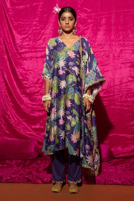 Chrkha Purple Chanderi Silk Printed Floral V Neck Botanical Kurta Set 