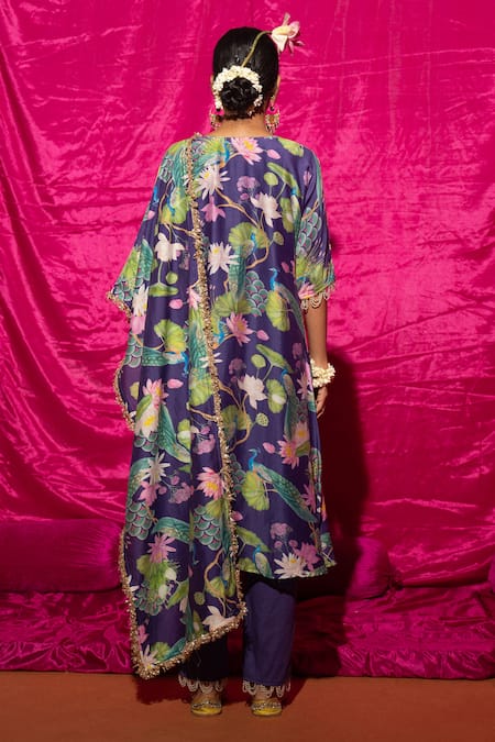 Shop Chrkha Purple Silk, Cotton, Pearls, Botanical Print Kurta Set at Aza Fashions Shop_Chrkha_Purple Silk, Cotton, Pearls, Botanical Print Kurta Set _at_Aza_Fashions