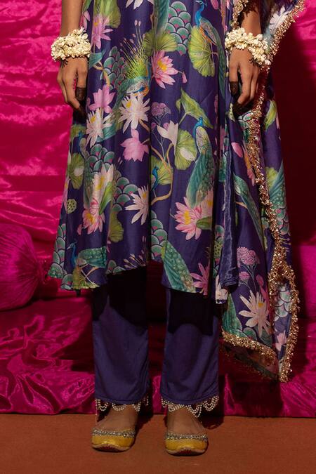 Chrkha Purple Silk, Cotton, Pearls, Botanical Print Kurta Set Online at Aza Fashions Chrkha_Purple Silk, Cotton, Pearls, Botanical Print Kurta Set _Online_at_Aza_Fashions