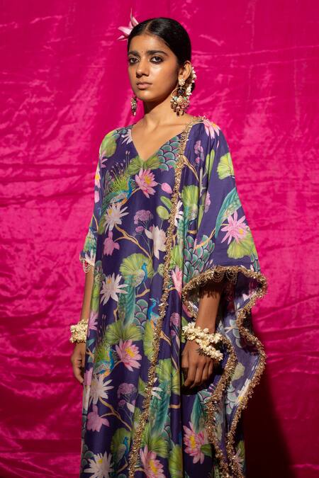 Shop Chrkha Purple Silk, Cotton, Pearls, Botanical Print Kurta Set Online at Aza Fashions Shop_Chrkha_Purple Silk, Cotton, Pearls, Botanical Print Kurta Set _Online_at_Aza_Fashions